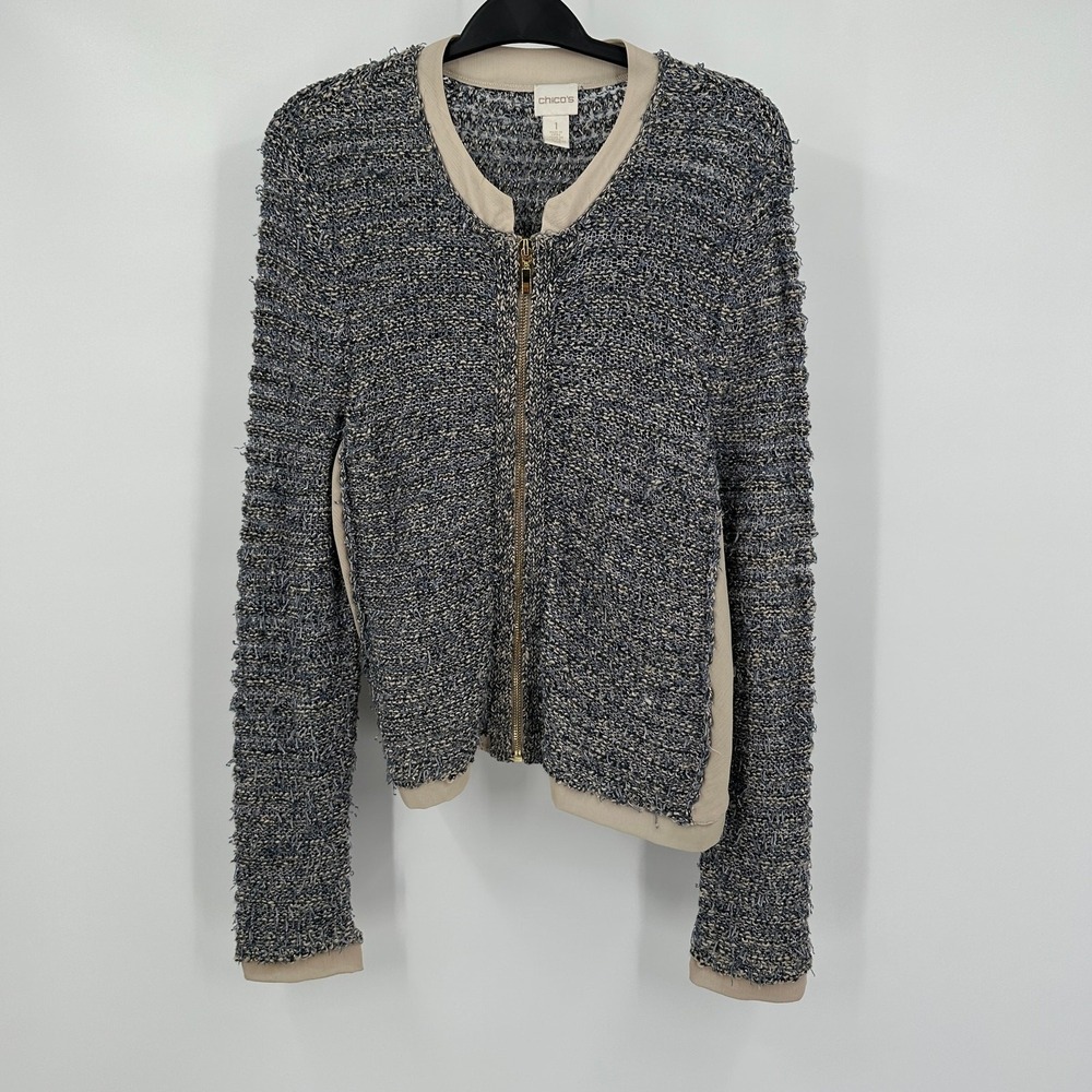 Chicos Womens Tweed Cardigan Sweater Size 1 US M Metallic Neutral Modern Shimmer